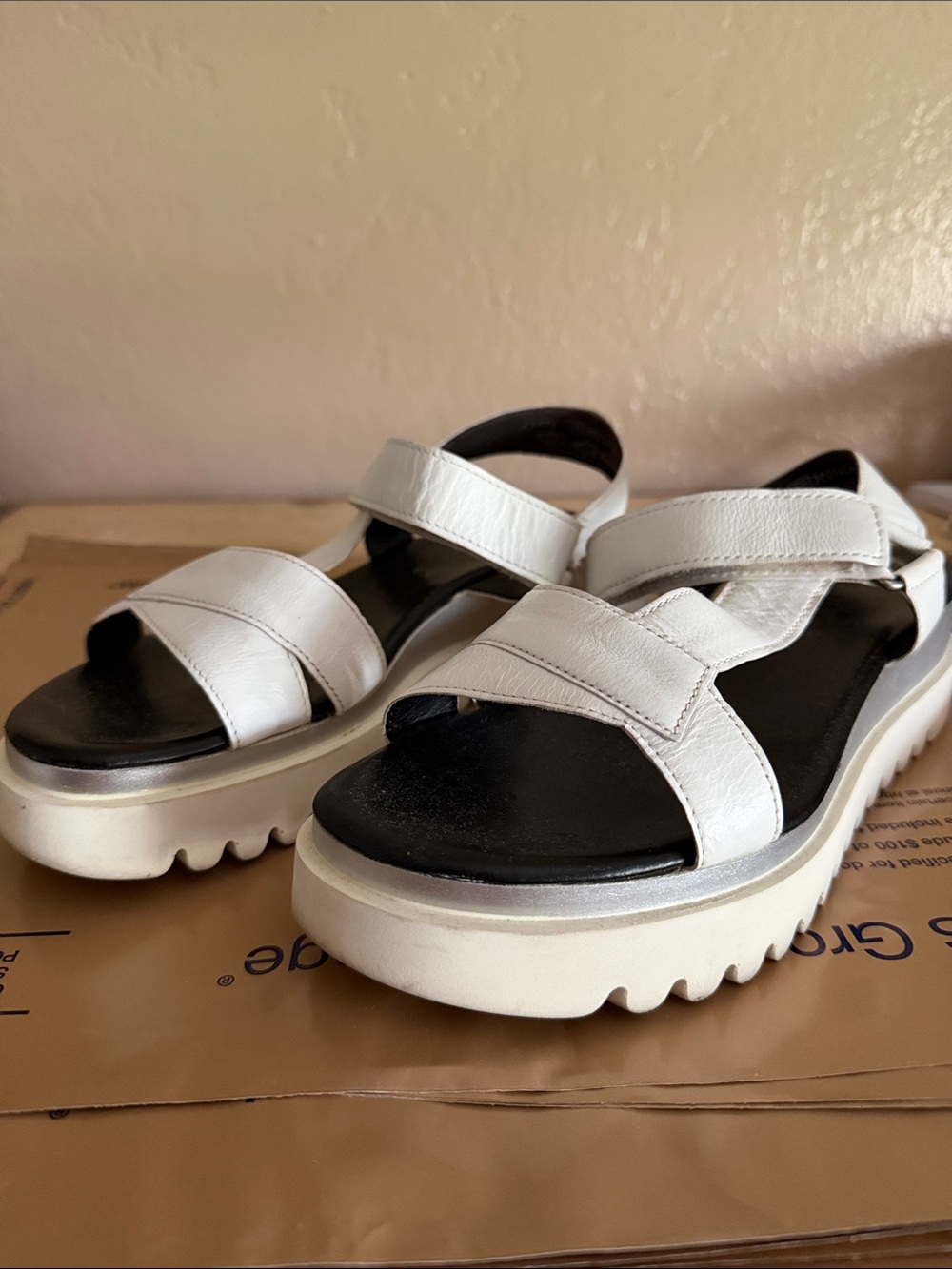 Gabor White Leather Platform Velcro Sandals